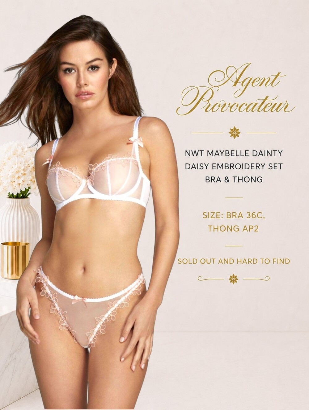 NWT Agent Provocateur Maybelle White/Peach Daisy Embroidery Set Bra 36C Thong 2